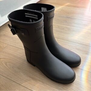 Hunter Black Matte Short Rain Boots with Side Buckle